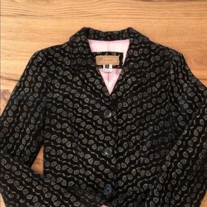 Vintage Leather Jacket and Skirt. Black with white print. Pink Silk Lining.